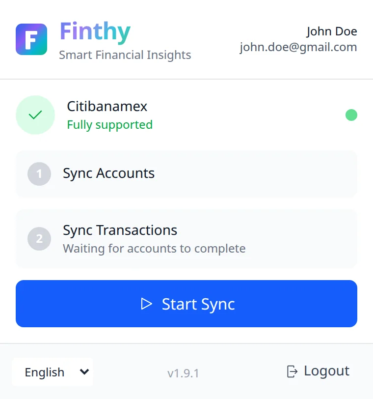 The extension ready to sync a Citibanamex session