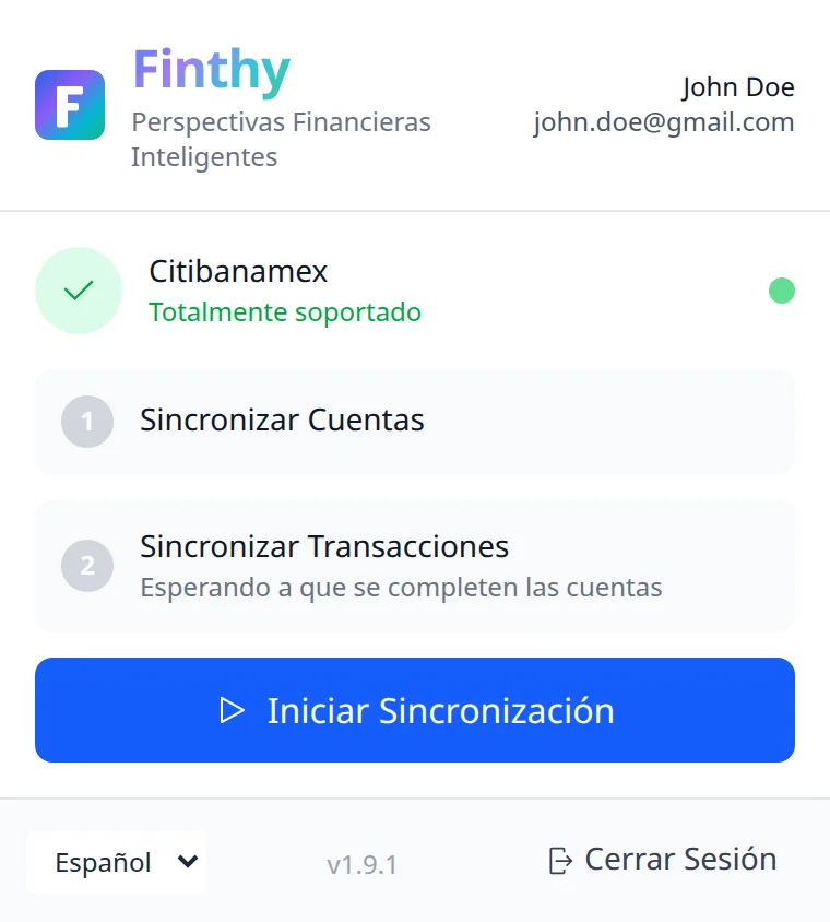 La extensión lista para sincronizar una sesión de Citibanamex