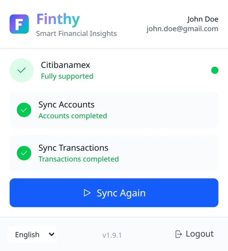 The Finthy extension after syncing Citibanamex accounts and transactions