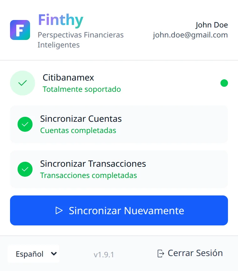 La extensión de Finthy después de sincronizar cuentas y transacciones de Citibanamex